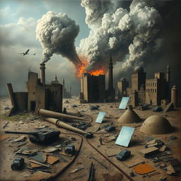 A surreal and chaotic mental landscape reflecting the aftermath of war, filled with fragmented thoughts and emotions