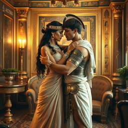 Cleopatra and Marc Antony embracing in a small, elegantly adorned salon