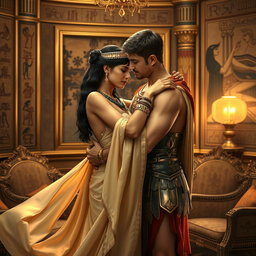 Cleopatra and Marc Antony embracing in a small, elegantly adorned salon