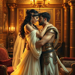 Cleopatra and Marc Antony embracing in a small, elegantly adorned salon