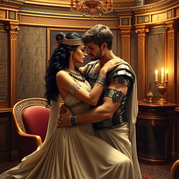 Cleopatra and Marc Antony embracing in a small, elegantly adorned salon