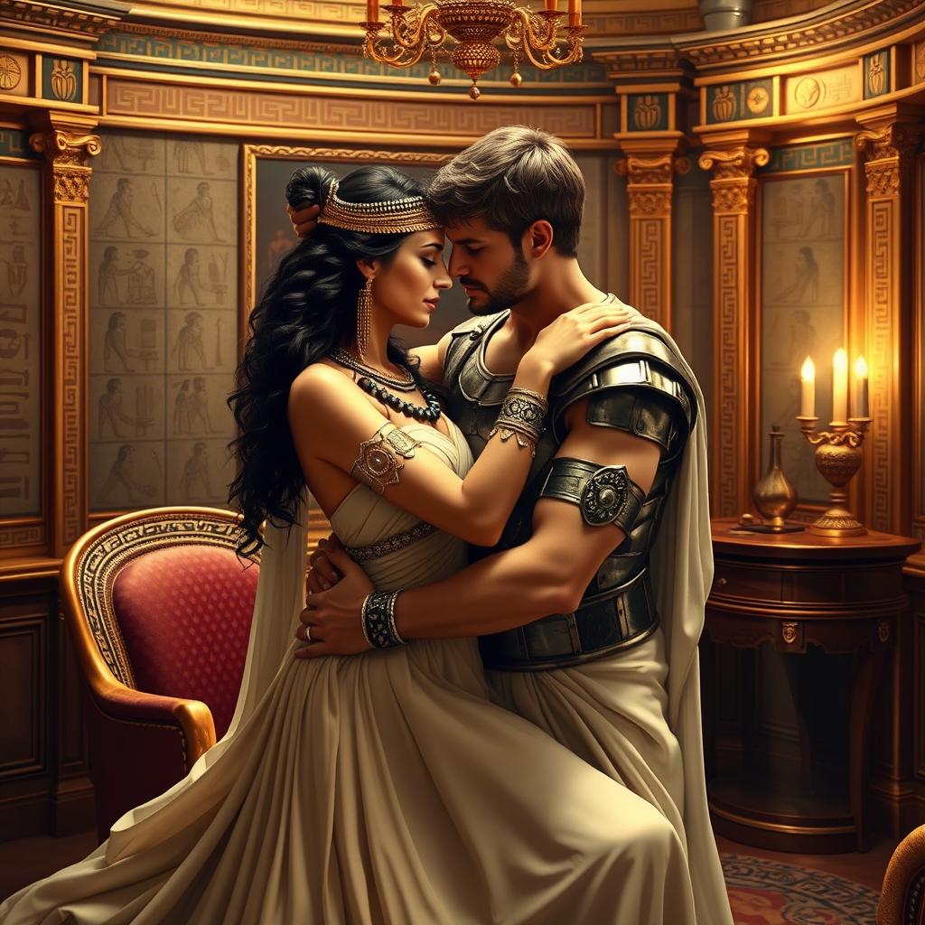 Cleopatra and Marc Antony embracing in a small, elegantly adorned salon