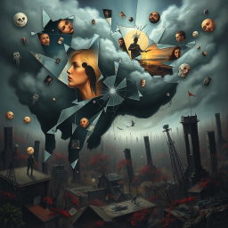 A war-torn mental landscape, depicting a surreal and chaotic mindscape filled with fragmented memories and emotions