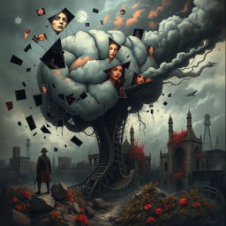 A war-torn mental landscape, depicting a surreal and chaotic mindscape filled with fragmented memories and emotions