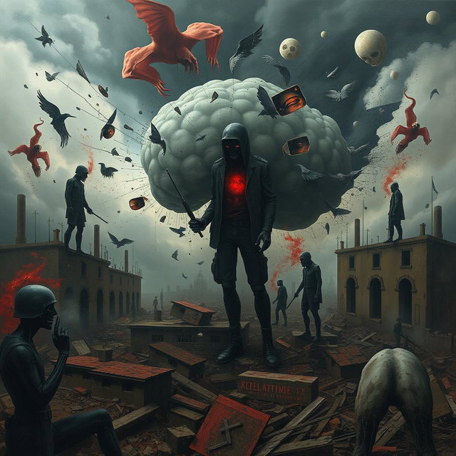 A war-torn mental landscape, depicting a surreal and chaotic mindscape filled with fragmented memories and emotions