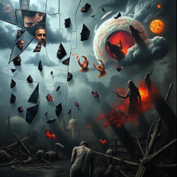 A war-torn mental landscape, depicting a surreal and chaotic mindscape filled with fragmented memories and emotions