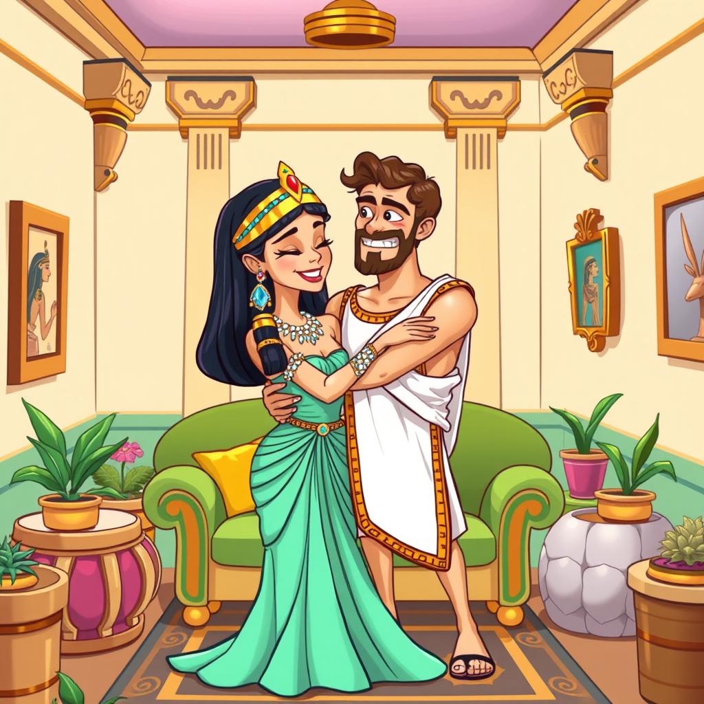 A colorful cartoon depiction of Cleopatra and Marc Antony embracing in a small, whimsical salon