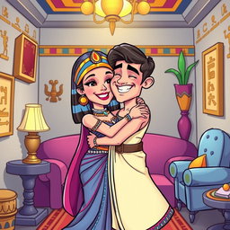 A colorful cartoon depiction of Cleopatra and Marc Antony embracing in a small, whimsical salon