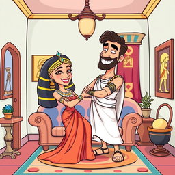 A colorful cartoon depiction of Cleopatra and Marc Antony embracing in a small, whimsical salon