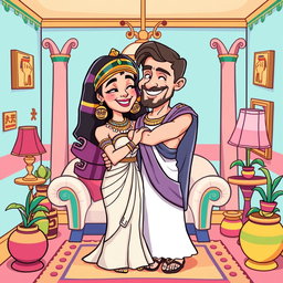 A colorful cartoon depiction of Cleopatra and Marc Antony embracing in a small, whimsical salon
