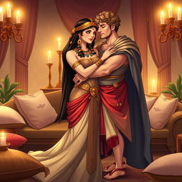 A beautifully illustrated scene of Cleopatra and Marc Antony embracing in a cozy, intimate salon