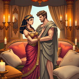 A beautifully illustrated scene of Cleopatra and Marc Antony embracing in a cozy, intimate salon