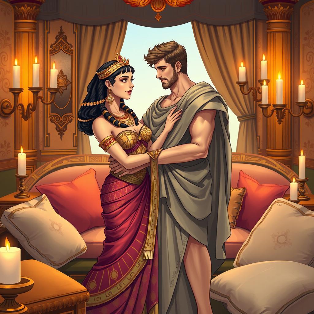 A beautifully illustrated scene of Cleopatra and Marc Antony embracing in a cozy, intimate salon