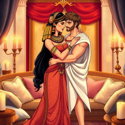 A beautifully illustrated scene of Cleopatra and Marc Antony embracing in a cozy, intimate salon