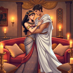A beautifully illustrated scene of Cleopatra and Marc Antony embracing in a cozy, intimate salon