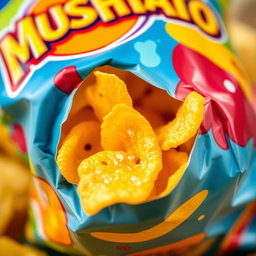 A close-up view of a colorful bag of 'MUSHTATO' potato chips, showcasing the brand's logo prominently on the packaging