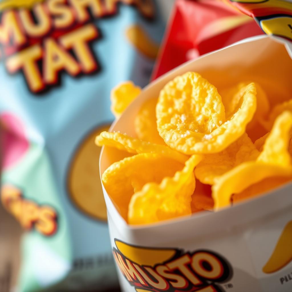 A close-up view of a colorful bag of 'MUSHTATO' potato chips, showcasing the brand's logo prominently on the packaging