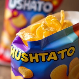 A close-up view of a colorful bag of 'MUSHTATO' potato chips, showcasing the brand's logo prominently on the packaging
