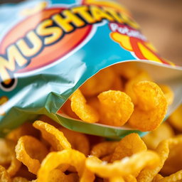 A close-up view of a colorful bag of 'MUSHTATO' potato chips, showcasing the brand's logo prominently on the packaging
