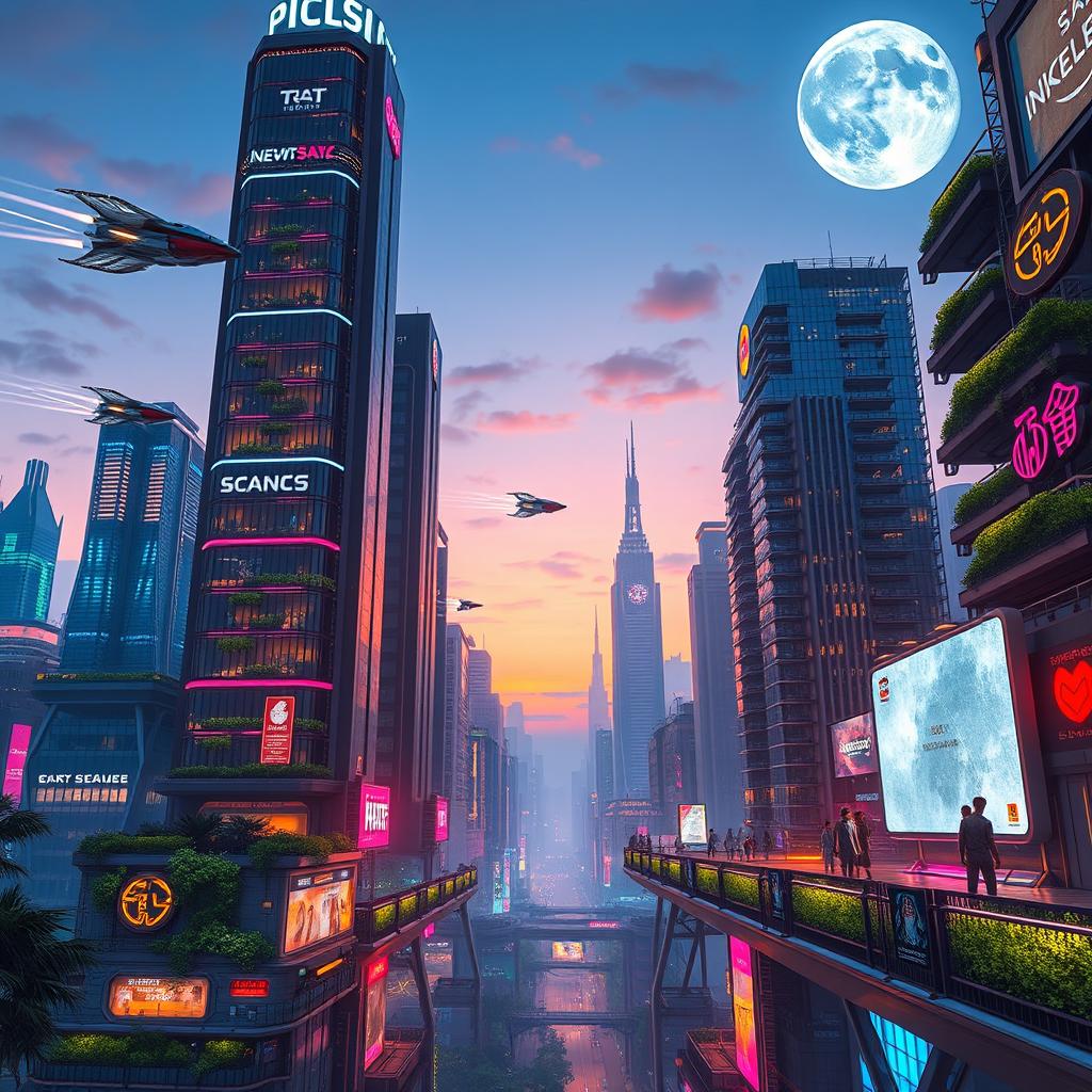 A futuristic cityscape at dusk, with soaring skyscrapers made of glass and metal, illuminated by neon lights in vibrant colors
