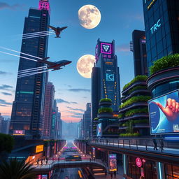 A futuristic cityscape at dusk, with soaring skyscrapers made of glass and metal, illuminated by neon lights in vibrant colors