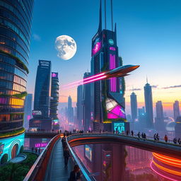 A futuristic cityscape at dusk, with soaring skyscrapers made of glass and metal, illuminated by neon lights in vibrant colors
