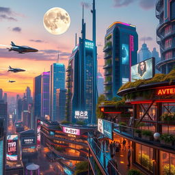 A futuristic cityscape at dusk, with soaring skyscrapers made of glass and metal, illuminated by neon lights in vibrant colors