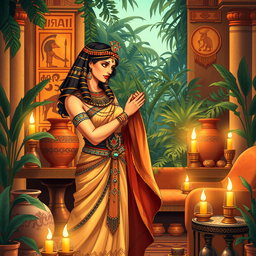 A beautifully detailed illustration of Cleopatra and Marc Antony embracing in a small salon of ancient Egypt