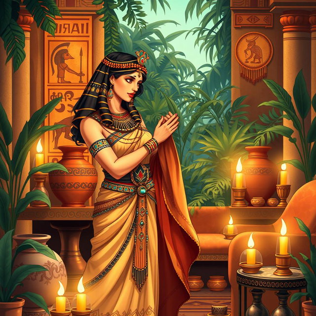 A beautifully detailed illustration of Cleopatra and Marc Antony embracing in a small salon of ancient Egypt