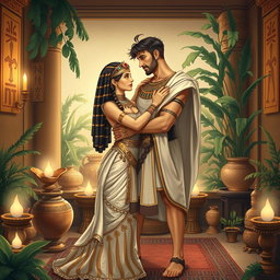 A beautifully detailed illustration of Cleopatra and Marc Antony embracing in a small salon of ancient Egypt