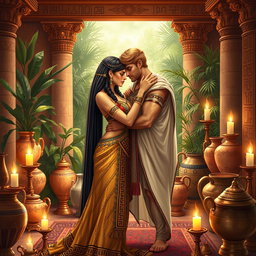 A beautifully detailed illustration of Cleopatra and Marc Antony embracing in a small salon of ancient Egypt