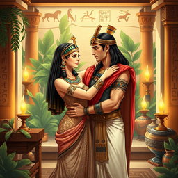 A beautifully detailed illustration of Cleopatra and Marc Antony embracing in a small salon of ancient Egypt