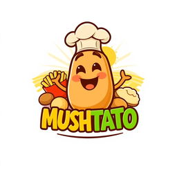 A whimsical and colorful logo design for a fictional potato product brand called "MUSHTATO"