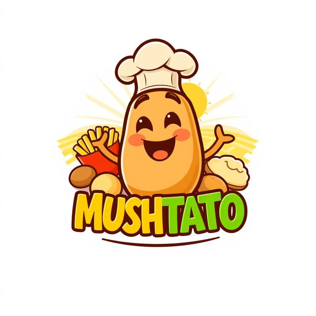 A whimsical and colorful logo design for a fictional potato product brand called "MUSHTATO"
