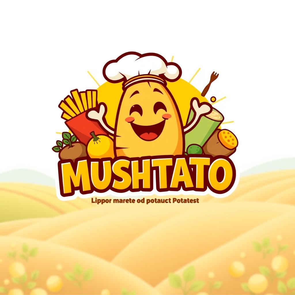 A whimsical and colorful logo design for a fictional potato product brand called "MUSHTATO"