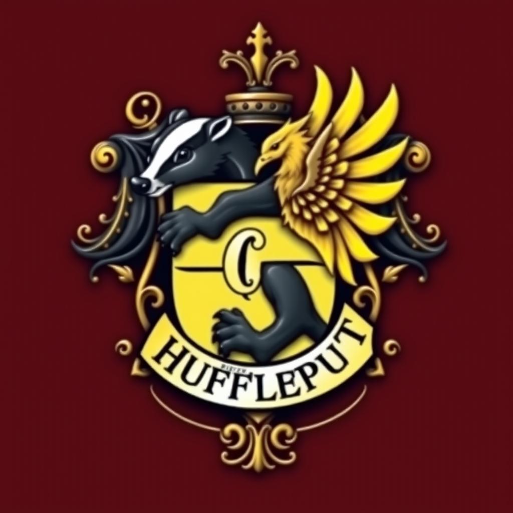 A detailed shield emblem featuring a striking black Badger and a vibrant yellow Phoenix, elegantly intertwined on the crest