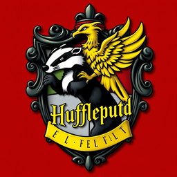 A detailed shield emblem featuring a striking black Badger and a vibrant yellow Phoenix, elegantly intertwined on the crest