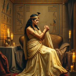A richly detailed painting of Cleopatra and Marc Antony embracing in a small salon of ancient Egypt