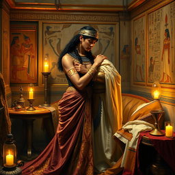 A richly detailed painting of Cleopatra and Marc Antony embracing in a small salon of ancient Egypt