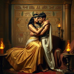 A richly detailed painting of Cleopatra and Marc Antony embracing in a small salon of ancient Egypt