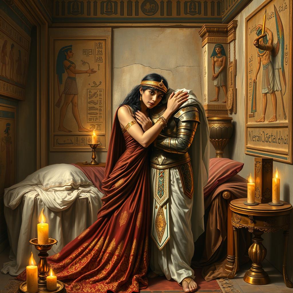 A richly detailed painting of Cleopatra and Marc Antony embracing in a small salon of ancient Egypt