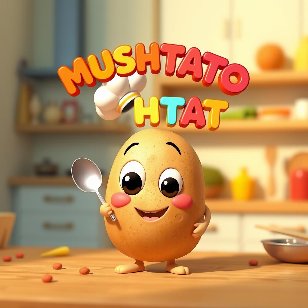A 3D product visualization of a brand called "MUSHTATO" featuring a stylized potato character