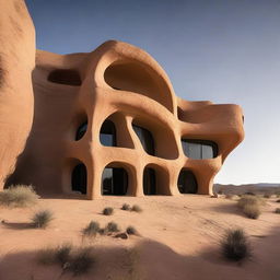 An avant garde architectural masterpiece sculpted from sandstone, located in the stark yet mesmerizing landscape of a desert.