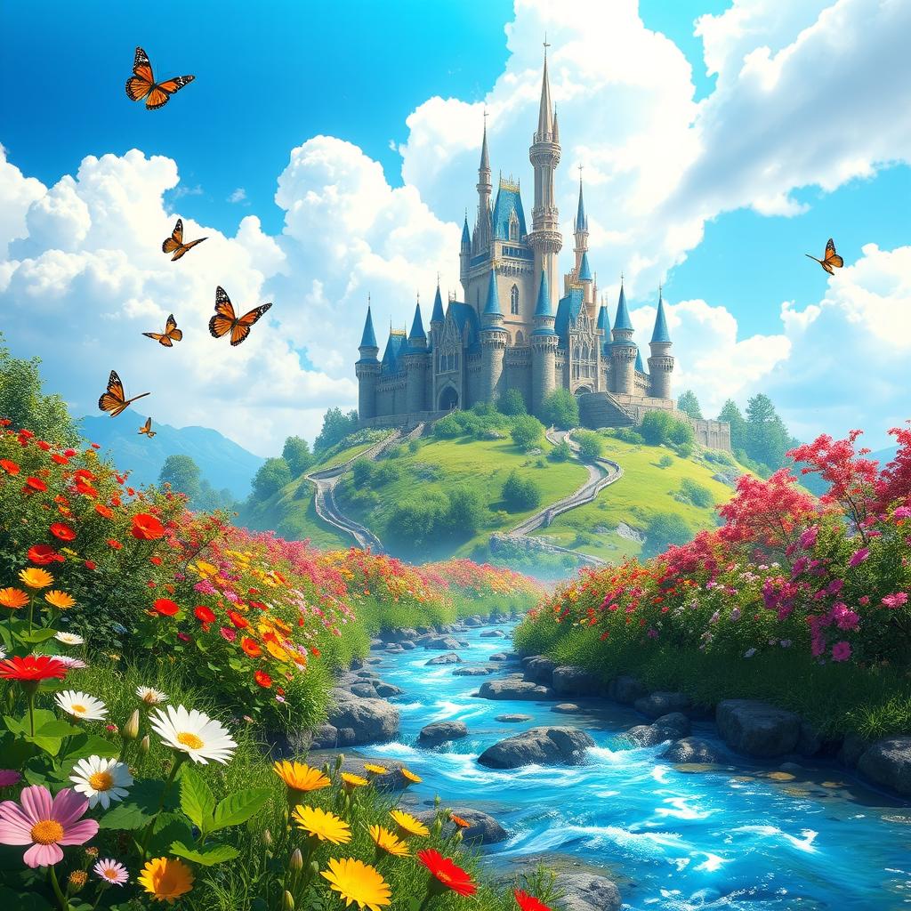 a stunning fantasy landscape with a majestic castle on a hill, surrounded by lush greenery and vibrant flowers, under a bright blue sky with fluffy white clouds
