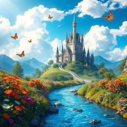a stunning fantasy landscape with a majestic castle on a hill, surrounded by lush greenery and vibrant flowers, under a bright blue sky with fluffy white clouds
