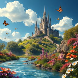 a stunning fantasy landscape with a majestic castle on a hill, surrounded by lush greenery and vibrant flowers, under a bright blue sky with fluffy white clouds