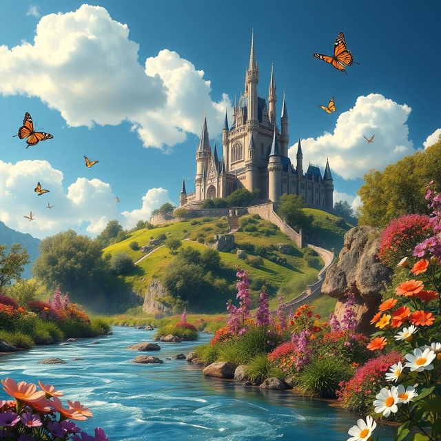 a stunning fantasy landscape with a majestic castle on a hill, surrounded by lush greenery and vibrant flowers, under a bright blue sky with fluffy white clouds