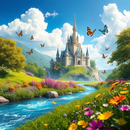 a stunning fantasy landscape with a majestic castle on a hill, surrounded by lush greenery and vibrant flowers, under a bright blue sky with fluffy white clouds