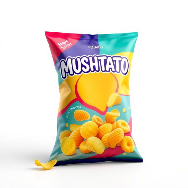 A 3D rendering of a vibrant bag of 'MUSHTATO' potato chips, showcasing the unique branding on the front