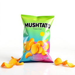 A 3D rendering of a vibrant bag of 'MUSHTATO' potato chips, showcasing the unique branding on the front